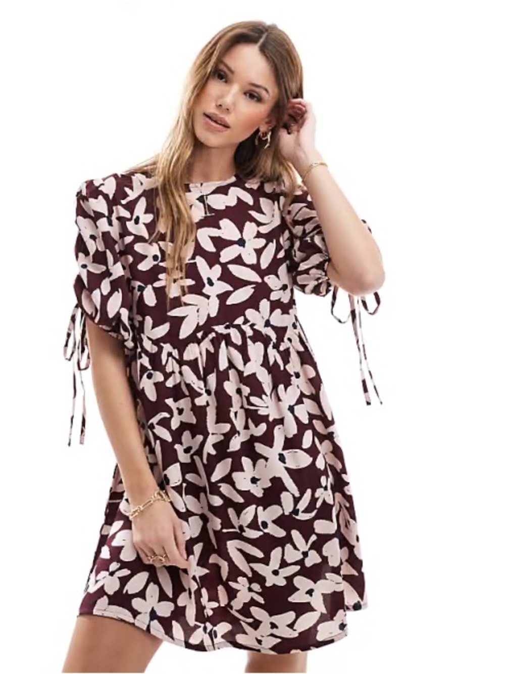 New Wednesdays Girl Bold Bloom Floral Pleated Tie Sleeve Festival Mini Dress S
